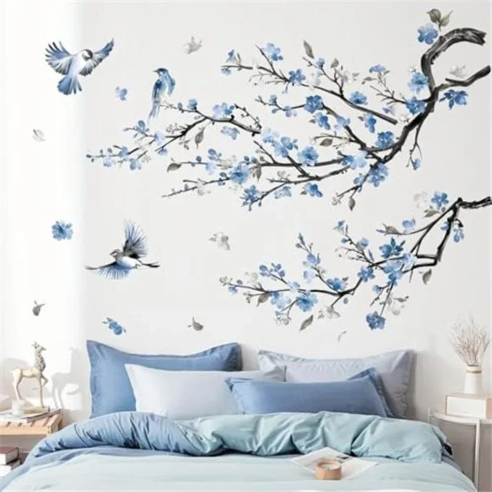 Blue Flower Wall Decals Watercolor Tree Branch Floral Stickers Bedroom Living